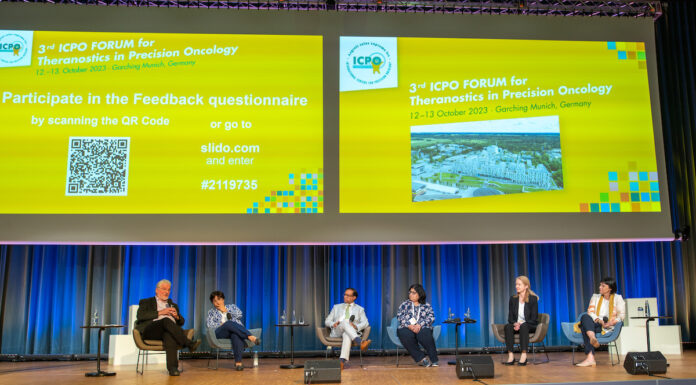 ICPO Forum in Garching 12/13. Oktober 2023 (v.l.n.r.) Prof. Richartd P. Baum; Prof. Ora Israel; Prof. Vikas Prasad; Prof. Marianne Pavel; Prof. Paola Erba (c) Stephan Beissner